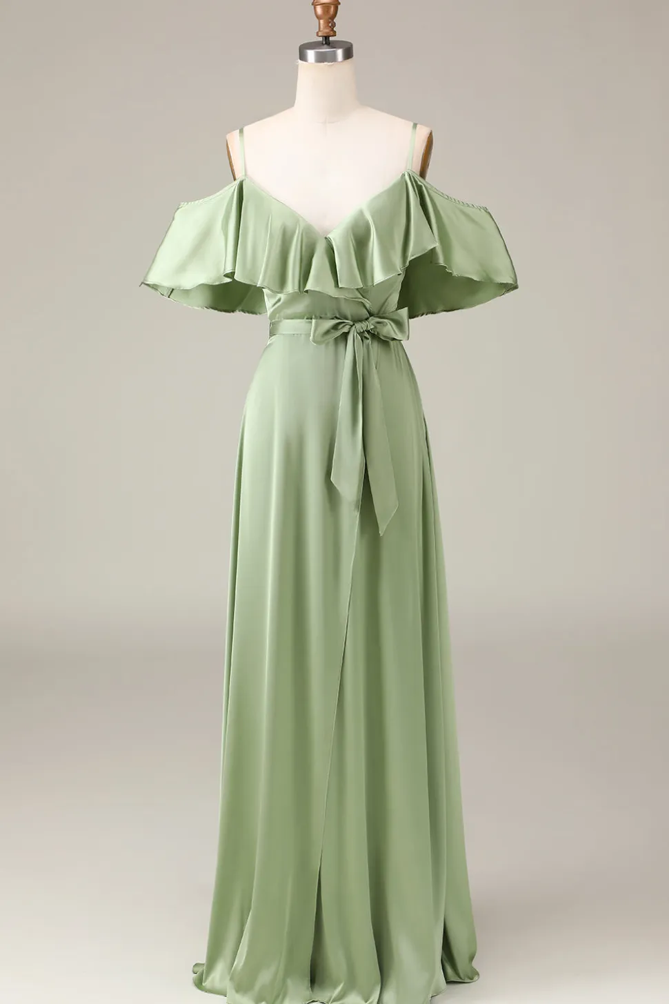 Matcha Esparguete Correias Ombro Frio A-line Cetim Vestido Madrinha