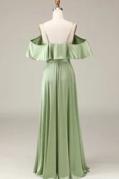 Matcha Esparguete Correias Ombro Frio A-line Cetim Vestido Madrinha