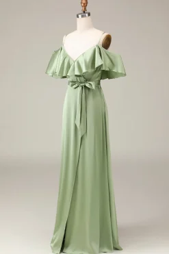 Matcha Esparguete Correias Ombro Frio A-line Cetim Vestido Madrinha