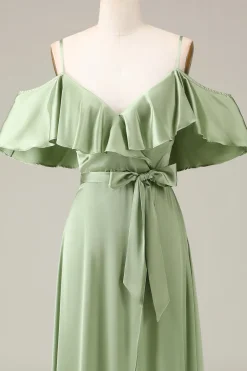 Matcha Esparguete Correias Ombro Frio A-line Cetim Vestido Madrinha