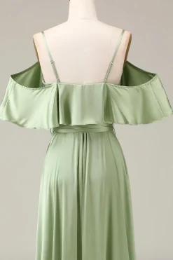 Matcha Esparguete Correias Ombro Frio A-line Cetim Vestido Madrinha