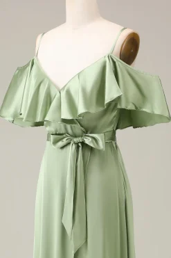 Matcha Esparguete Correias Ombro Frio A-line Cetim Vestido Madrinha
