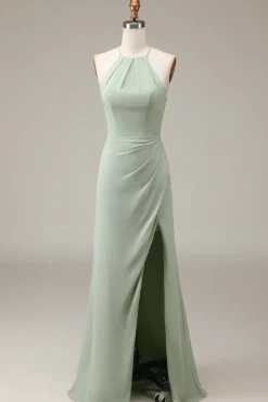 Matcha Halter pescoço bainha plissado vestido de dama de honra com fenda