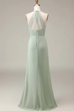 Matcha Halter pescoço bainha plissado vestido de dama de honra com fenda