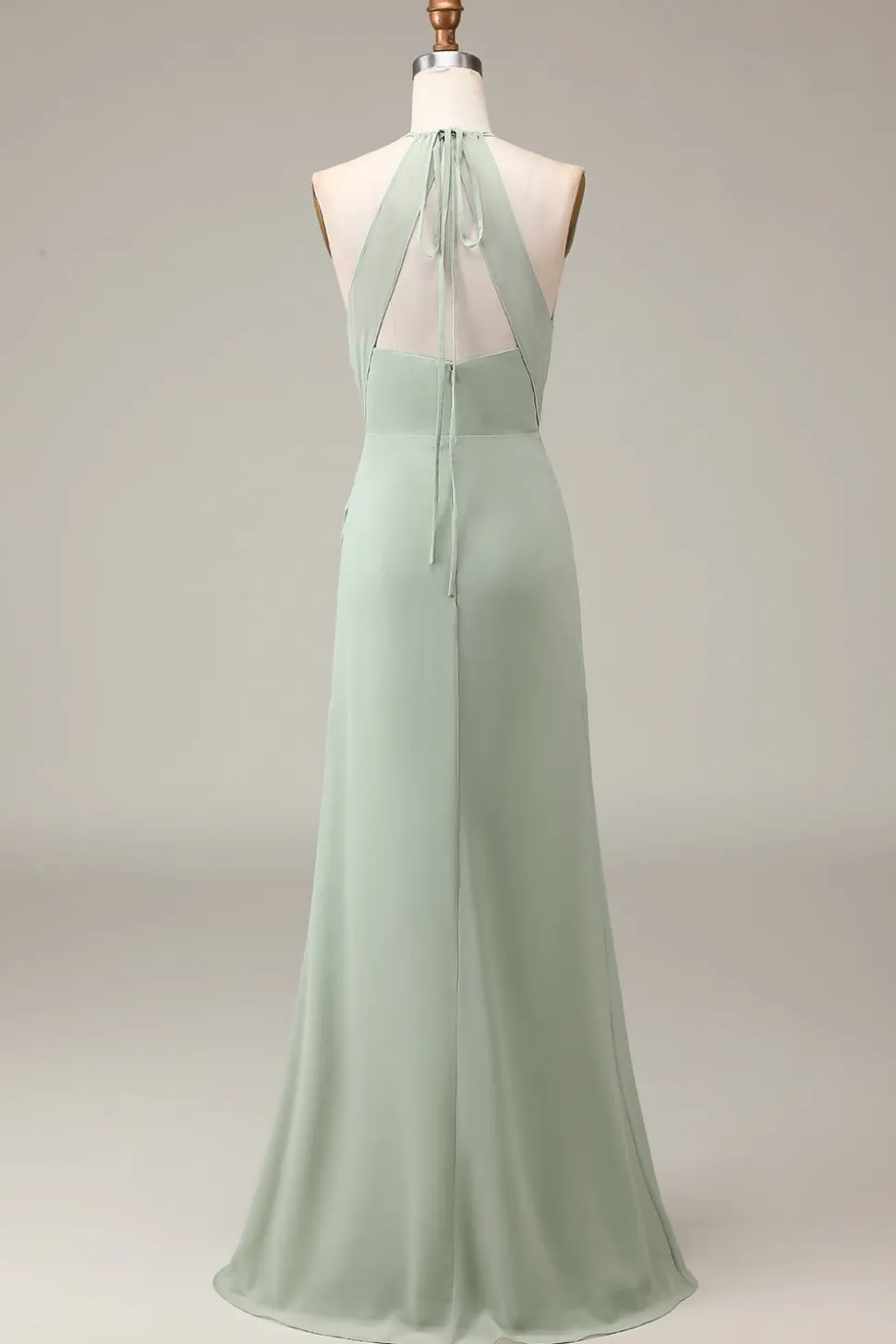 Matcha Halter pescoço bainha plissado vestido de dama de honra com fenda