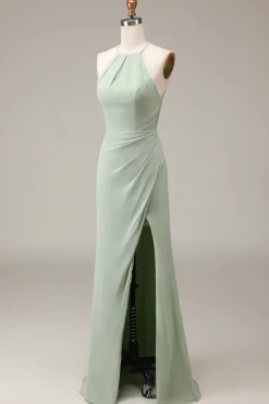 Matcha Halter pescoço bainha plissado vestido de dama de honra com fenda