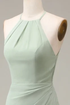 Matcha Halter pescoço bainha plissado vestido de dama de honra com fenda