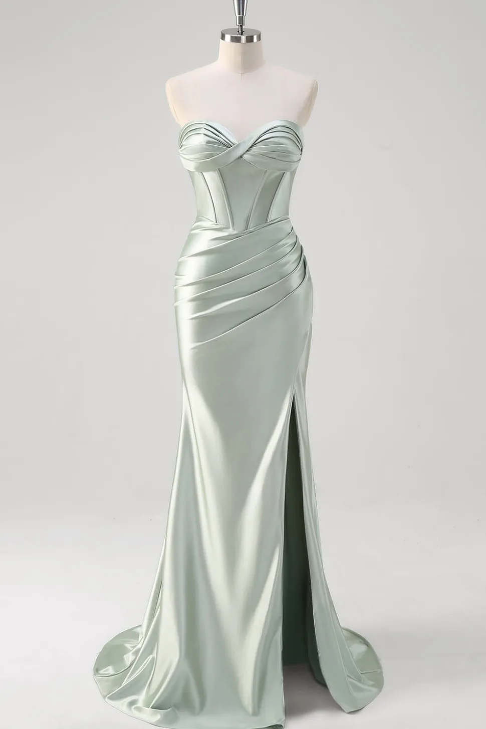 Matcha Sereia Querida Cetim Ruched Long Corset Prom Dress com Fenda