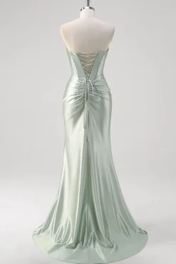 Matcha Sereia Querida Cetim Ruched Long Corset Prom Dress com Fenda