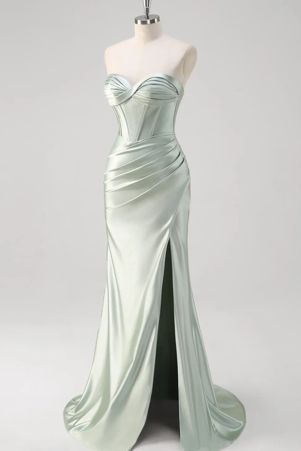Matcha Sereia Querida Cetim Ruched Long Corset Prom Dress com Fenda