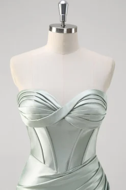 Matcha Sereia Querida Cetim Ruched Long Corset Prom Dress com Fenda