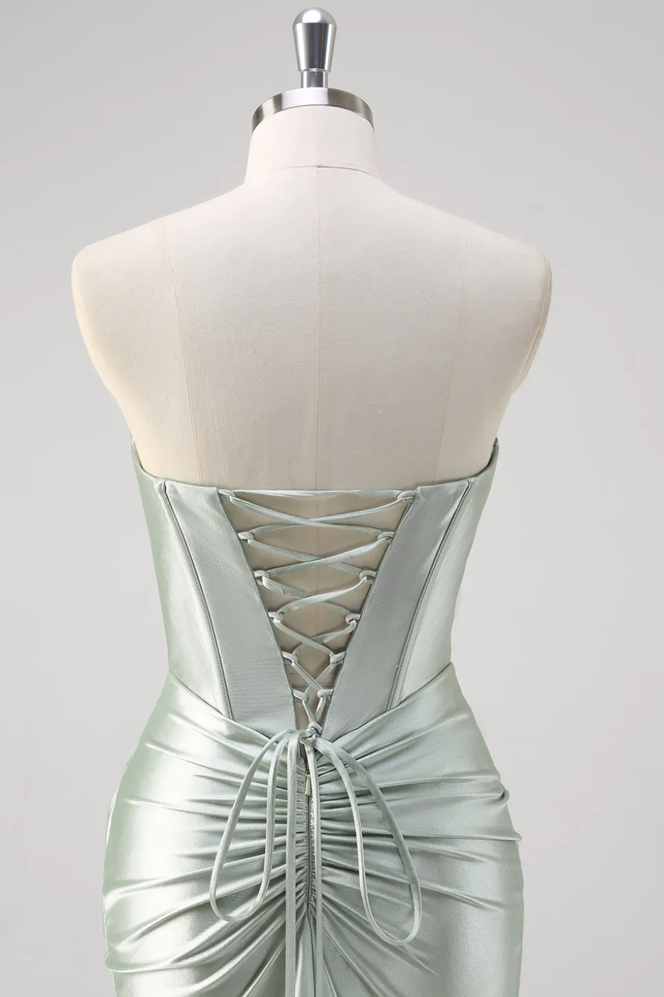Matcha Sereia Querida Cetim Ruched Long Corset Prom Dress com Fenda