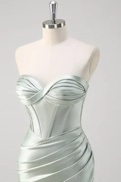 Matcha Sereia Querida Cetim Ruched Long Corset Prom Dress com Fenda