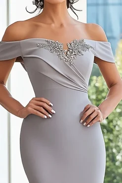 Matte Satin Cinza Fora do Ombro Bordado Bainha Mãe do Vestido da Noiva