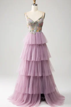 Mauve A-Line Corset Tiered Long Prom Dress Com Apliques