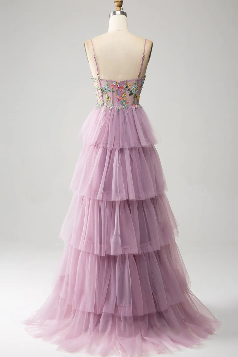 Mauve A-Line Corset Tiered Long Prom Dress Com Apliques