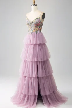 Mauve A-Line Corset Tiered Long Prom Dress Com Apliques