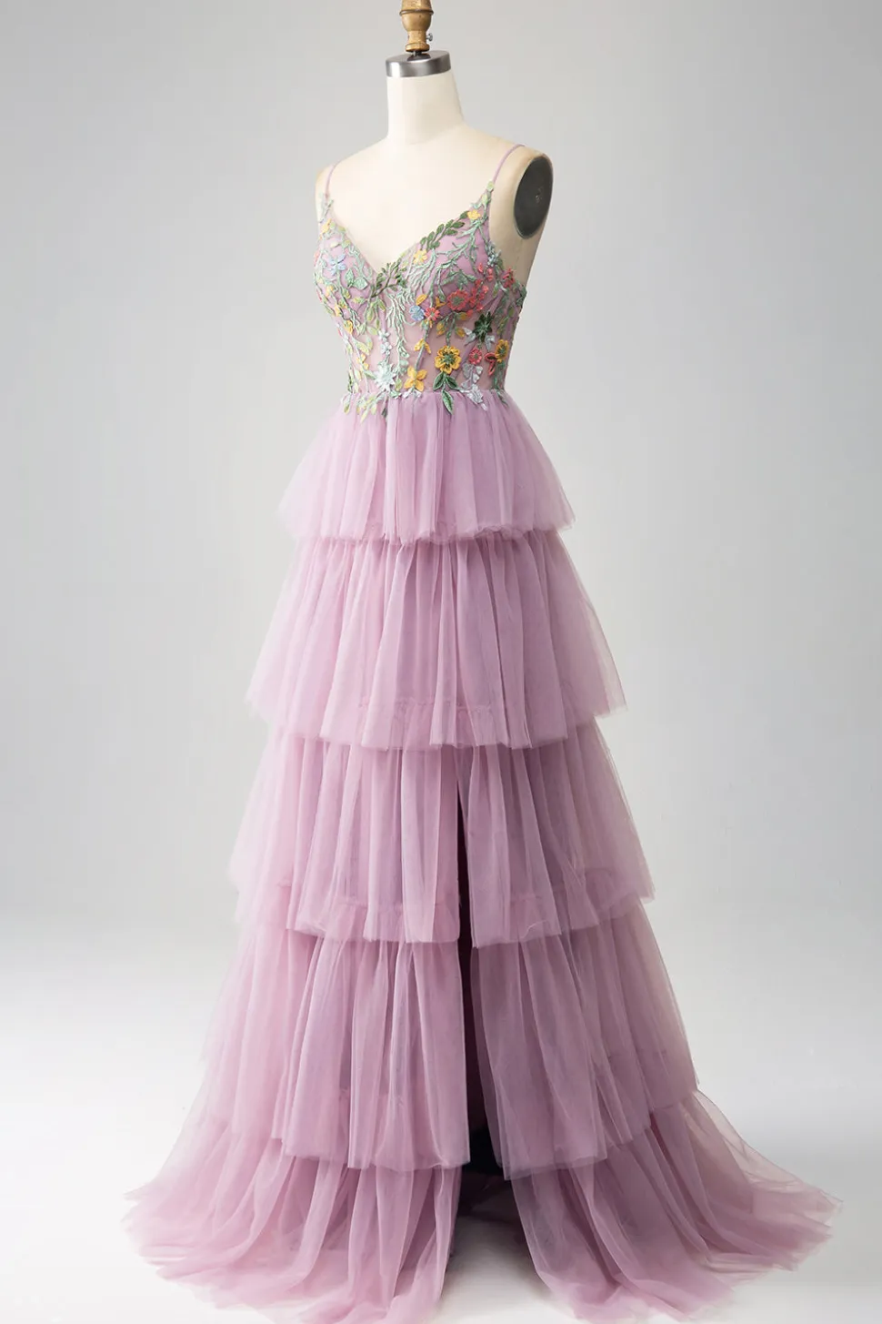Mauve A-Line Corset Tiered Long Prom Dress Com Apliques