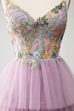 Mauve A-Line Corset Tiered Long Prom Dress Com Apliques
