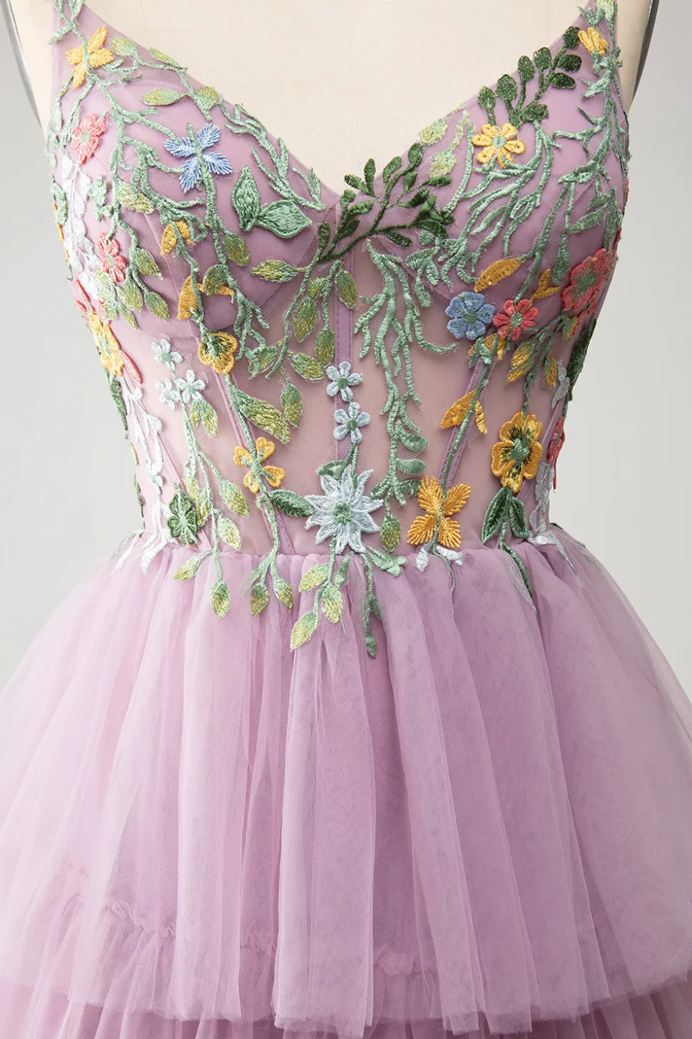 Mauve A-Line Corset Tiered Long Prom Dress Com Apliques