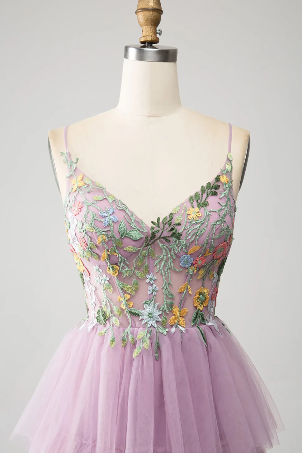 Mauve A-Line Corset Tiered Long Prom Dress Com Apliques