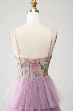Mauve A-Line Corset Tiered Long Prom Dress Com Apliques