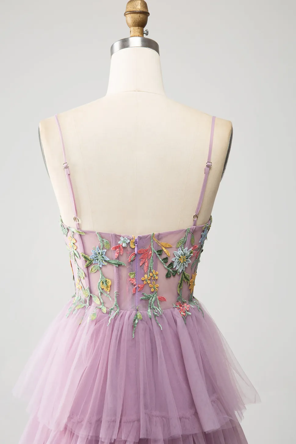 Mauve A-Line Corset Tiered Long Prom Dress Com Apliques