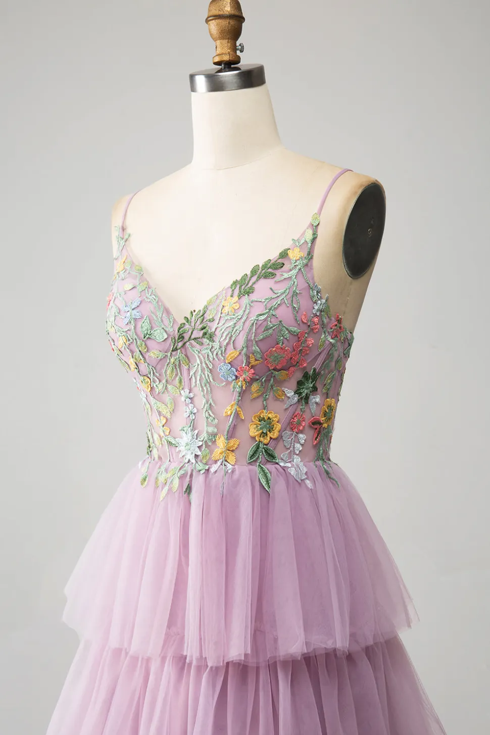 Mauve A-Line Corset Tiered Long Prom Dress Com Apliques