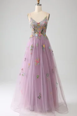 Mauve A-Line Esparguete Correias Tule Longo Vestido de Baile Com Bordado