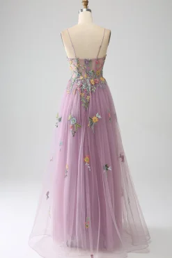 Mauve A-Line Esparguete Correias Tule Longo Vestido de Baile Com Bordado