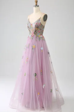 Mauve A-Line Esparguete Correias Tule Longo Vestido de Baile Com Bordado