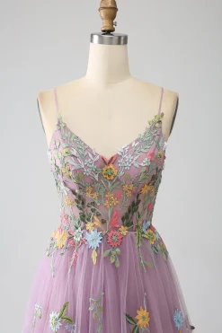 Mauve A-Line Esparguete Correias Tule Longo Vestido de Baile Com Bordado