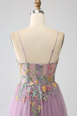 Mauve A-Line Esparguete Correias Tule Longo Vestido de Baile Com Bordado