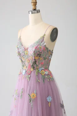 Mauve A-Line Esparguete Correias Tule Longo Vestido de Baile Com Bordado