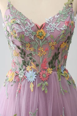 Mauve A-Line Esparguete Correias Tule Longo Vestido de Baile Com Bordado