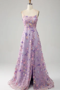 Mauve A-Line Esparguete Correias Vestido Longo Baile de Formatura com Apliques