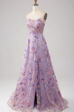 Mauve A-Line Esparguete Correias Vestido Longo Baile de Formatura com Apliques