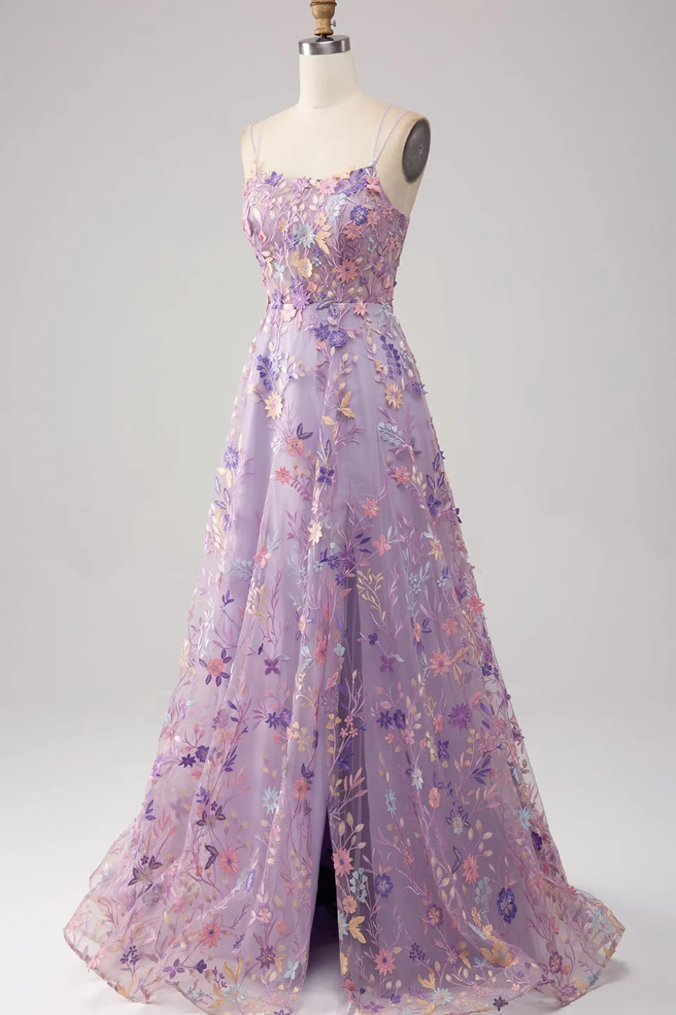 Mauve A-Line Esparguete Correias Vestido Longo Baile de Formatura com Apliques