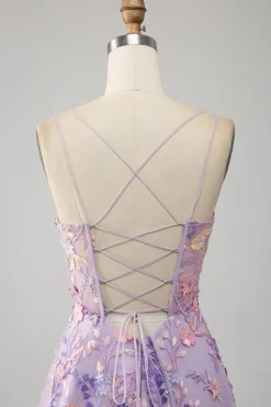 Mauve A-Line Esparguete Correias Vestido Longo Baile de Formatura com Apliques