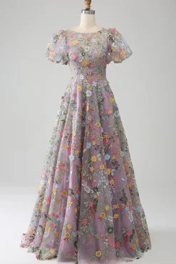 Mauve Ball-Gown/Princess Bordado Vestido de Baile com mangas curtas