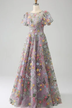 Mauve Ball-Gown/Princess Bordado Vestido de Baile com mangas curtas