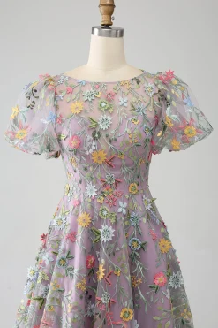 Mauve Ball-Gown/Princess Bordado Vestido de Baile com mangas curtas