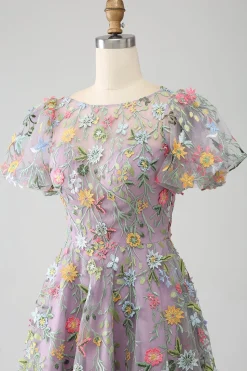 Mauve Ball-Gown/Princess Bordado Vestido de Baile com mangas curtas