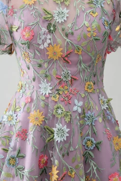 Mauve Ball-Gown/Princess Bordado Vestido de Baile com mangas curtas