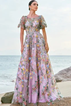 Mauve Ball-Gown/Princess Long Bordado Vestido de Baile com mangas curtas