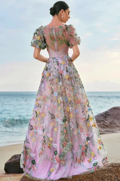 Mauve Ball-Gown/Princess Long Bordado Vestido de Baile com mangas curtas