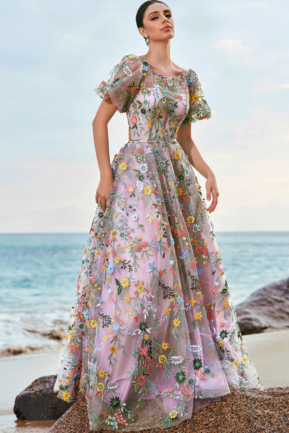 Mauve Ball-Gown/Princess Long Bordado Vestido de Baile com mangas curtas