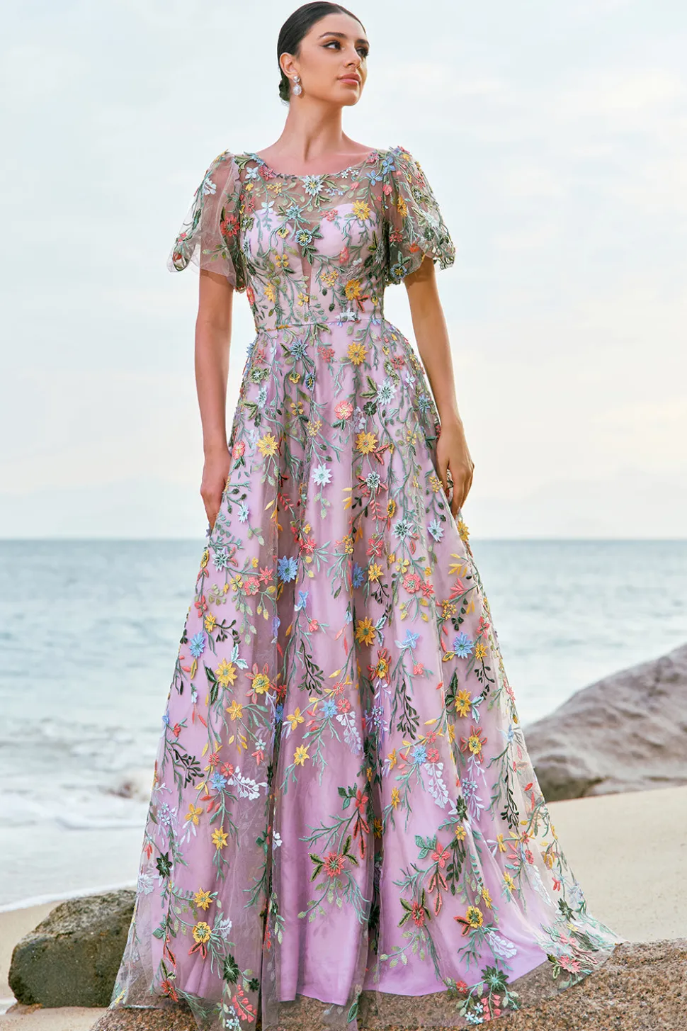 Mauve Ball-Gown/Princess Long Bordado Vestido de Baile com mangas curtas