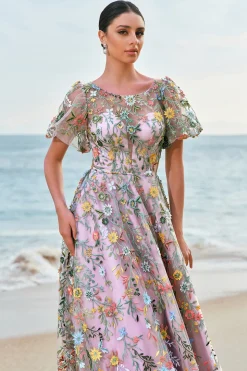 Mauve Ball-Gown/Princess Long Bordado Vestido de Baile com mangas curtas