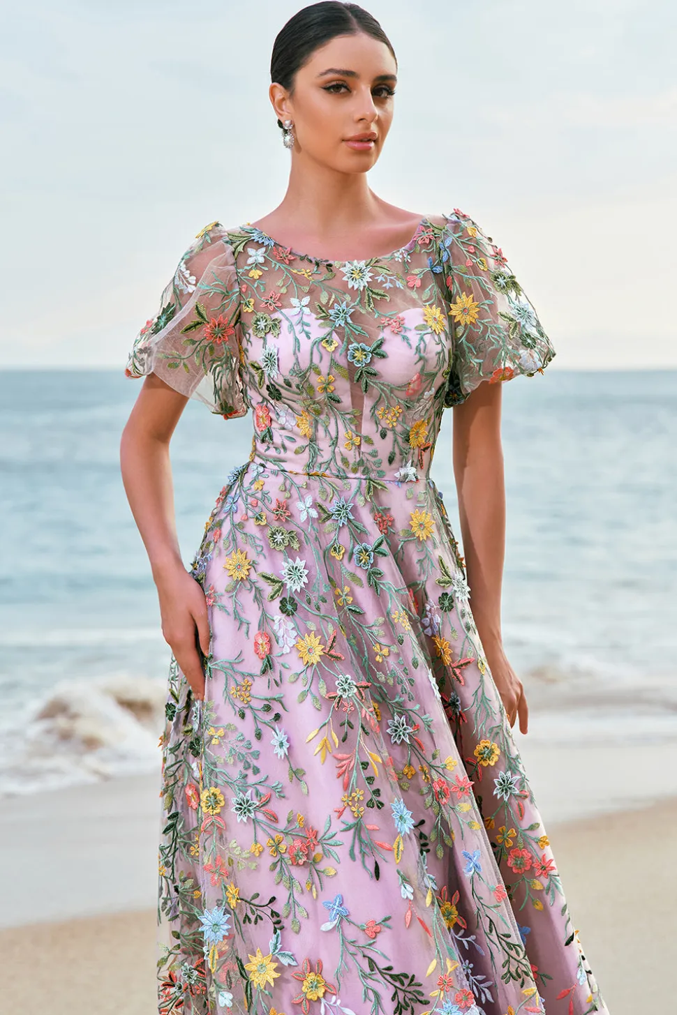 Mauve Ball-Gown/Princess Long Bordado Vestido de Baile com mangas curtas